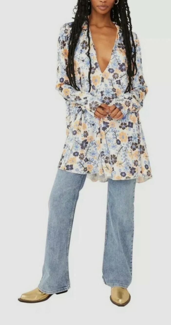 NWT Free People Daisy Jane Dress Medium Ivory Orange Blue
